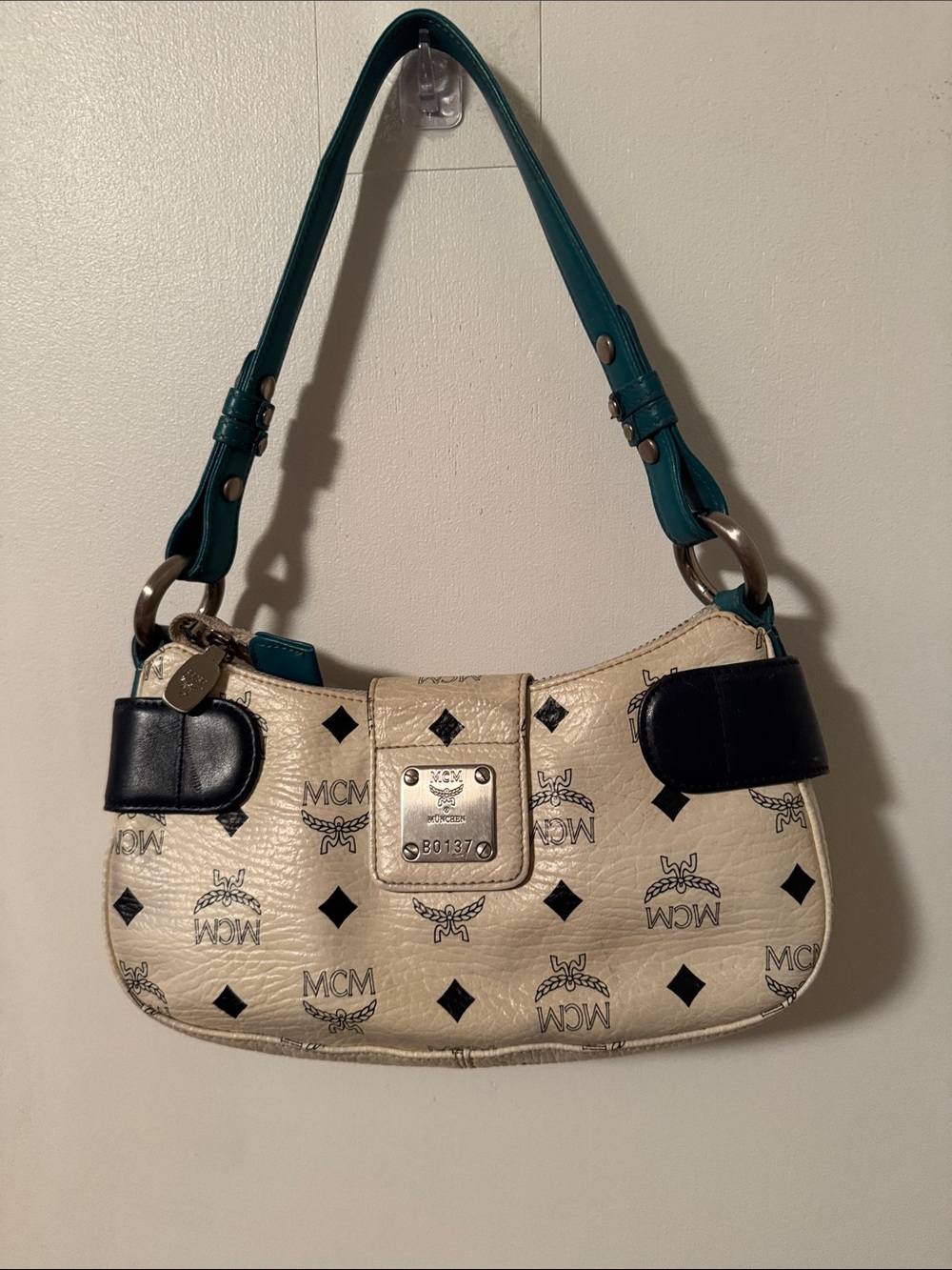 MCM White Logo Shoulder Bag with Teal, Yellow & Black Accents - Picture 6 of 12